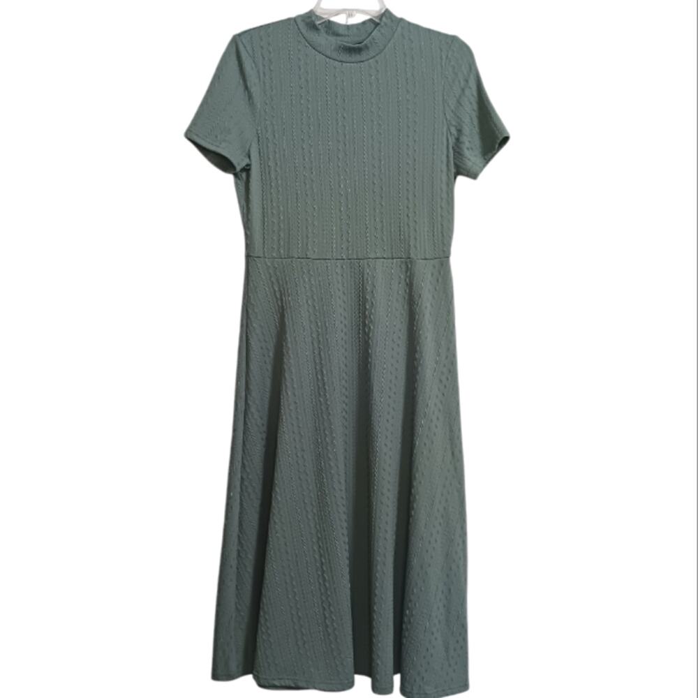 Mock neck sage green midi dress sz L cable pattern modest stretchy fabric